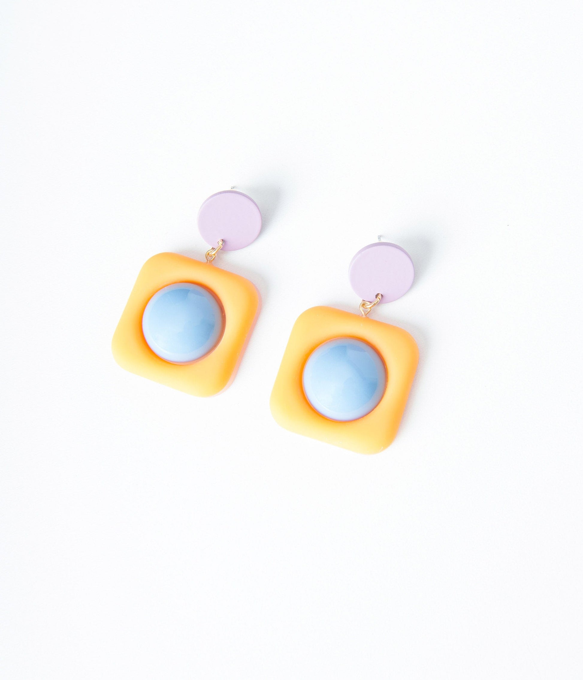 Mustard Square & Blue Dot Drop Earrings