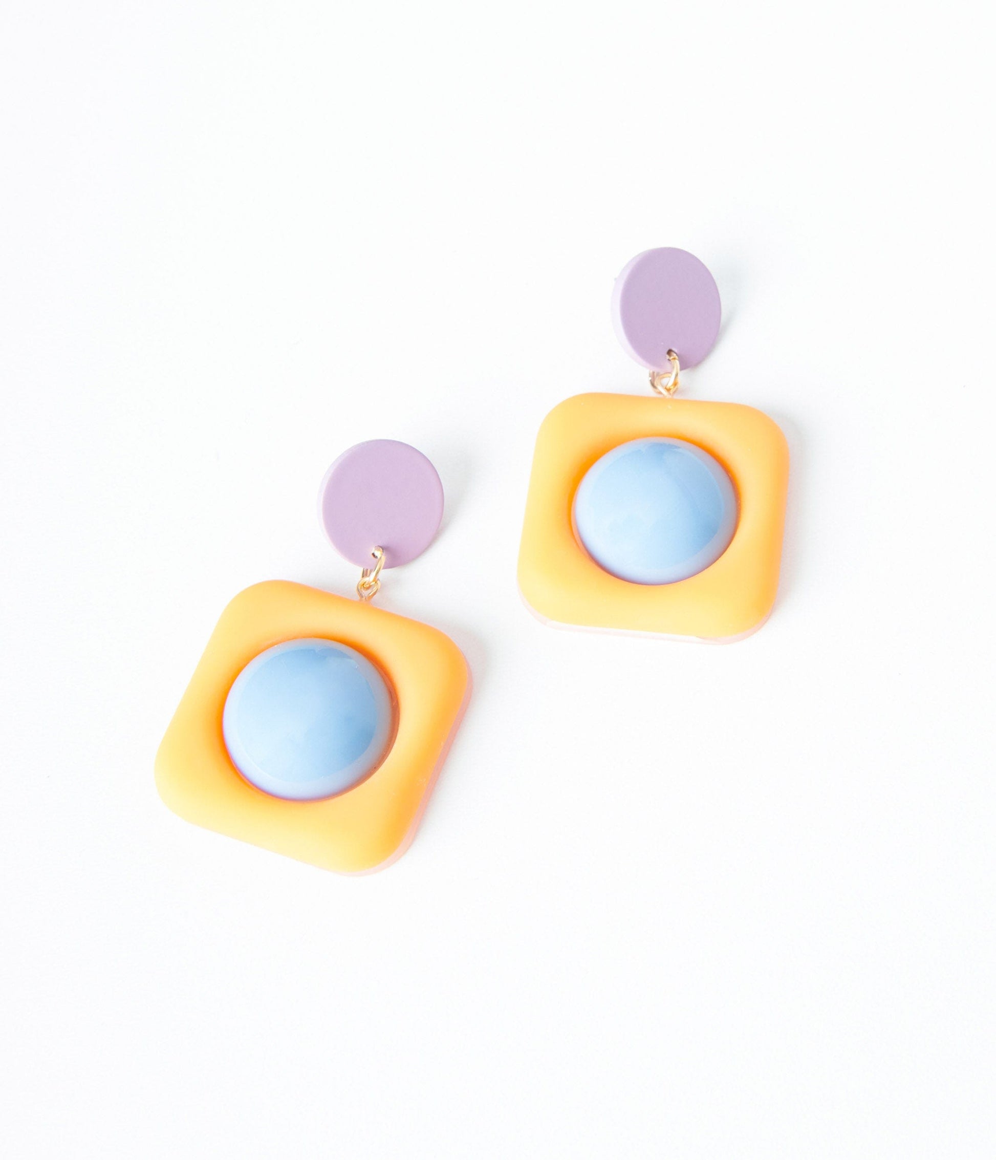 Mustard Square & Blue Dot Drop Earrings
