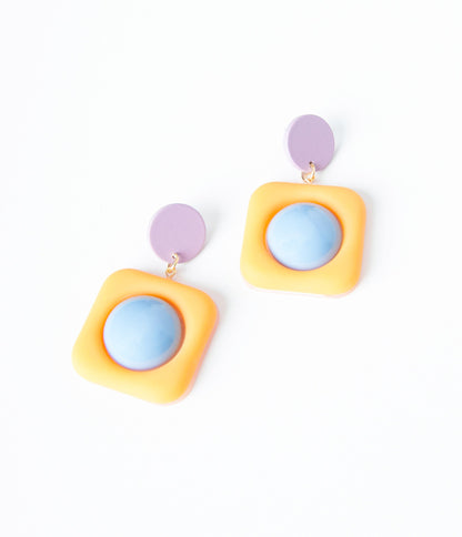 Mustard Square & Blue Dot Drop Earrings