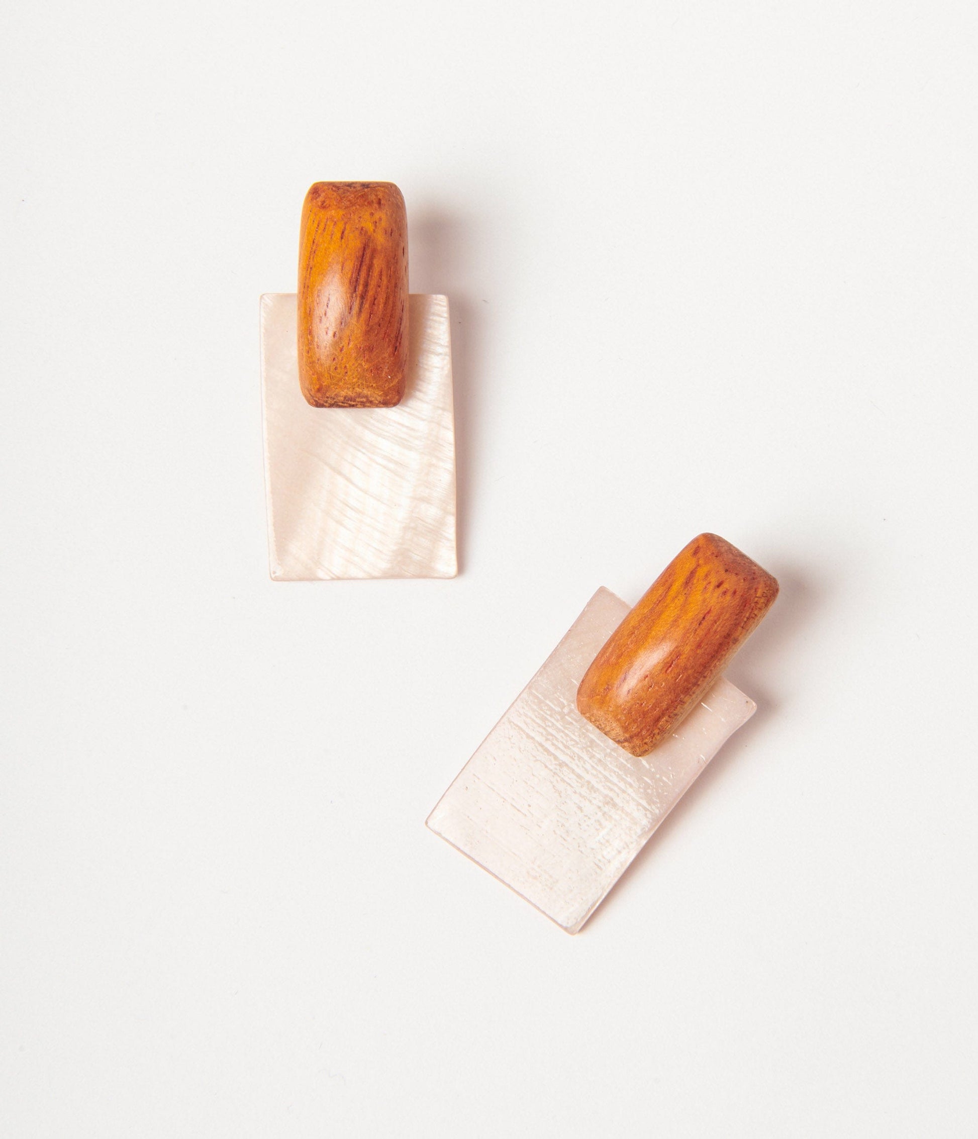 Beige & Brown Wood Rectangle Earrings