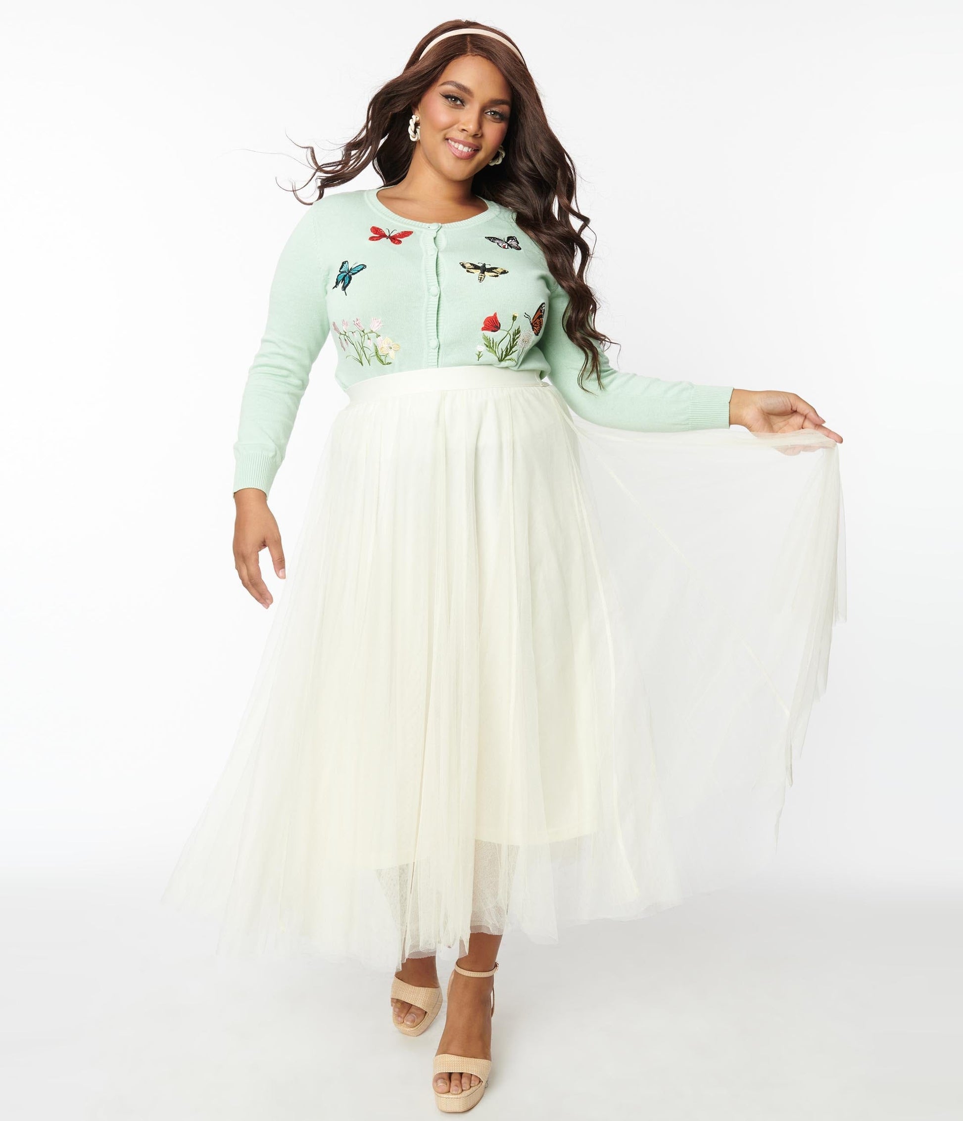 Plus Size Cream Tulle Midi Skirt