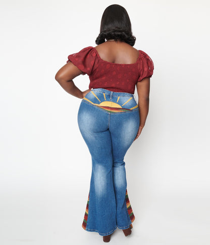 Plus Size Blue Denim Sun Embroidered Jeans