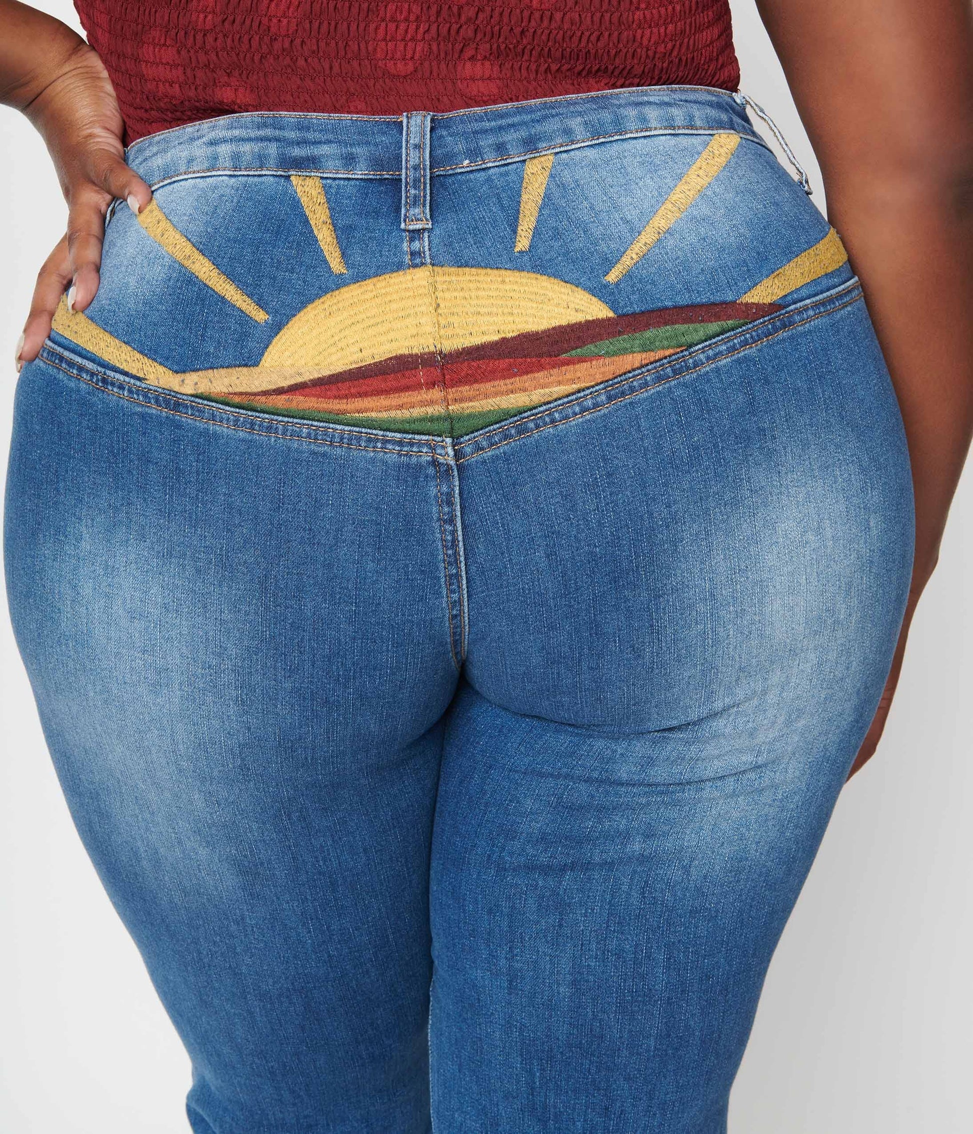 Plus Size Blue Denim Sun Embroidered Jeans