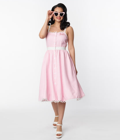 Barbie x Unique Vintage Barbie Pink & White Piper Swing Dress