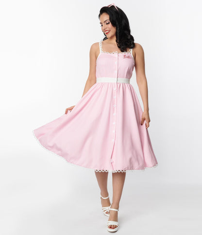 Barbie x Unique Vintage Barbie Pink & White Piper Swing Dress
