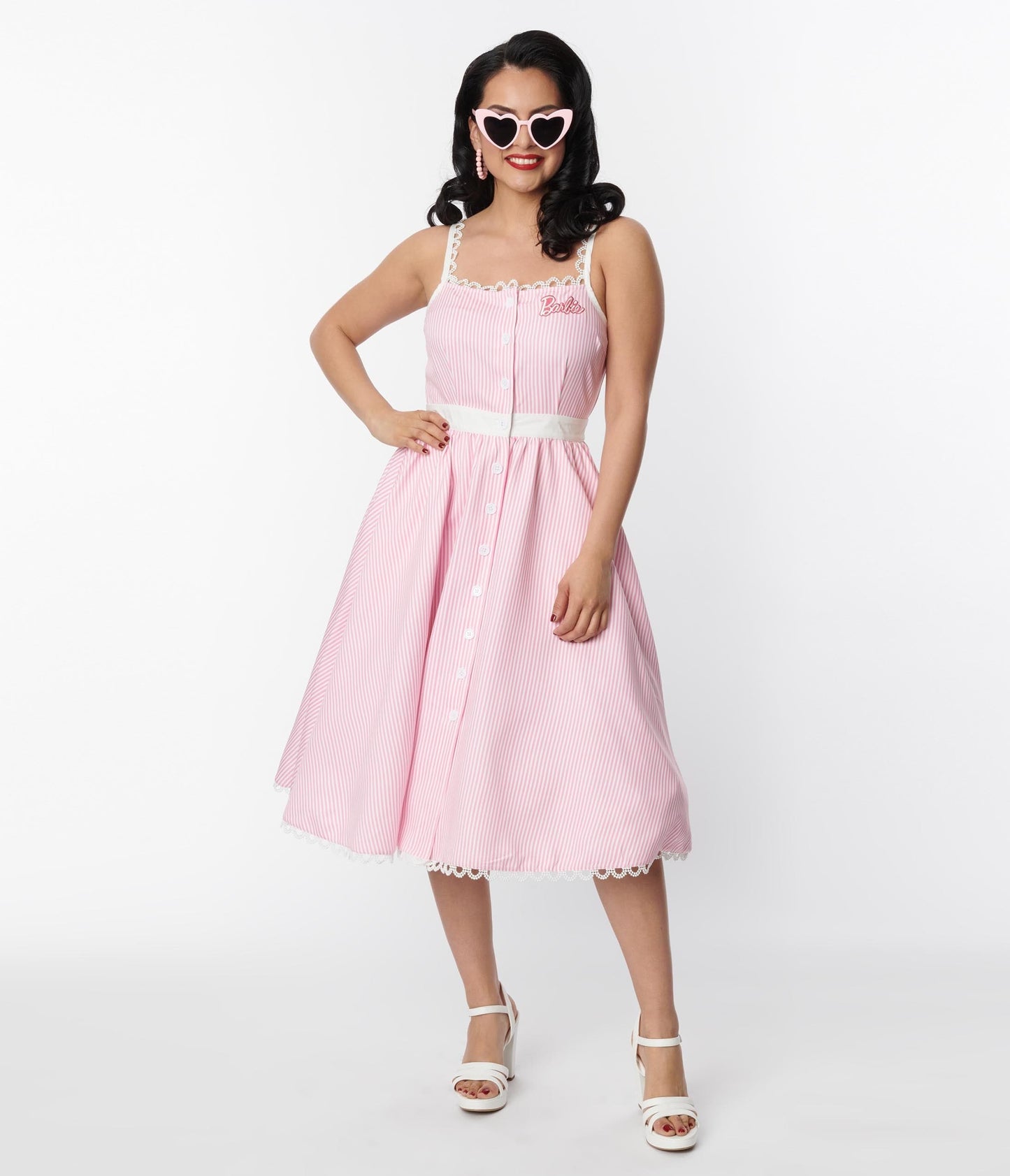 Barbie x Unique Vintage Barbie Pink & White Piper Swing Dress