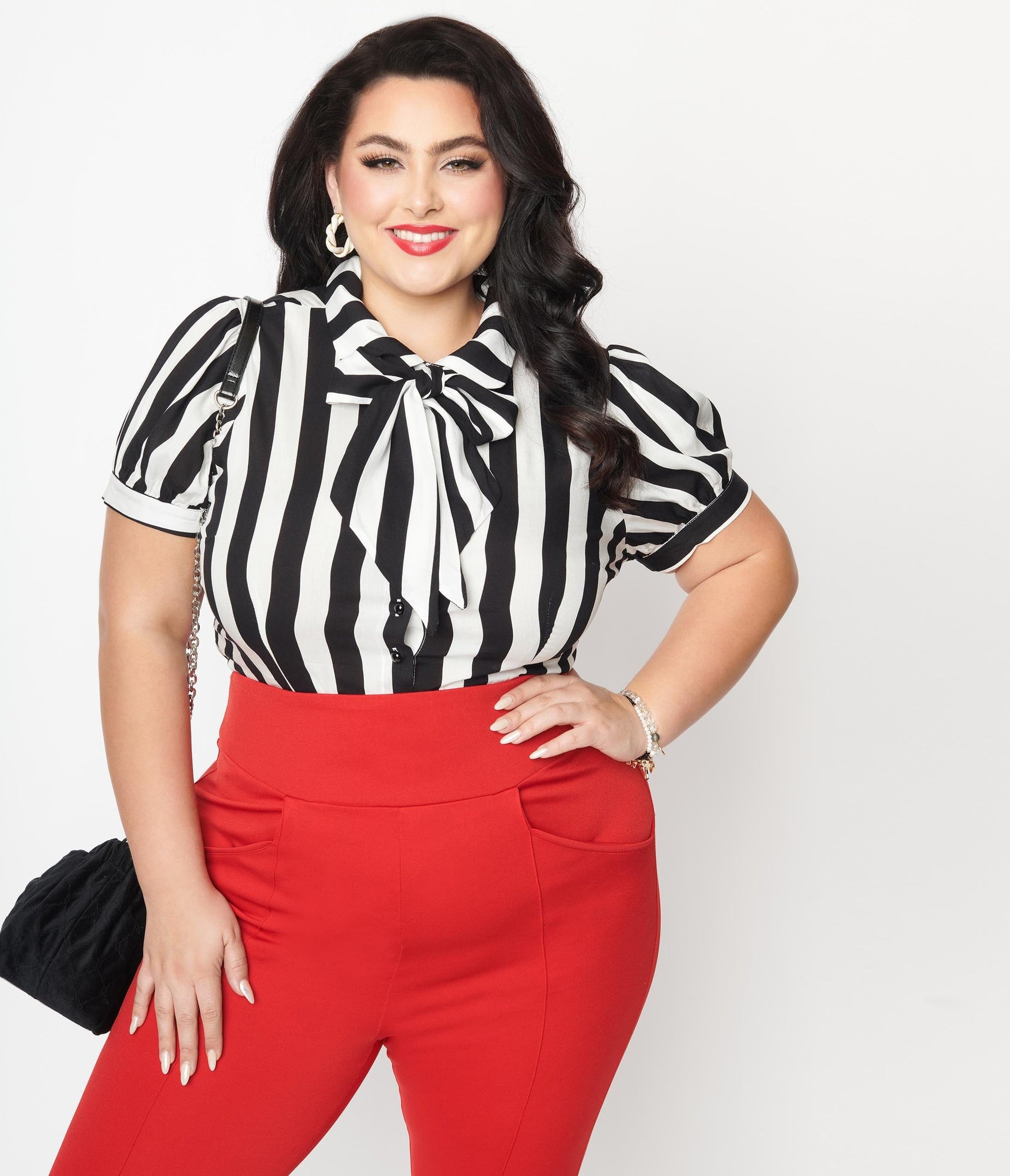 Collectif Plus Size Black & White Stripe Erika Bow Blouse
