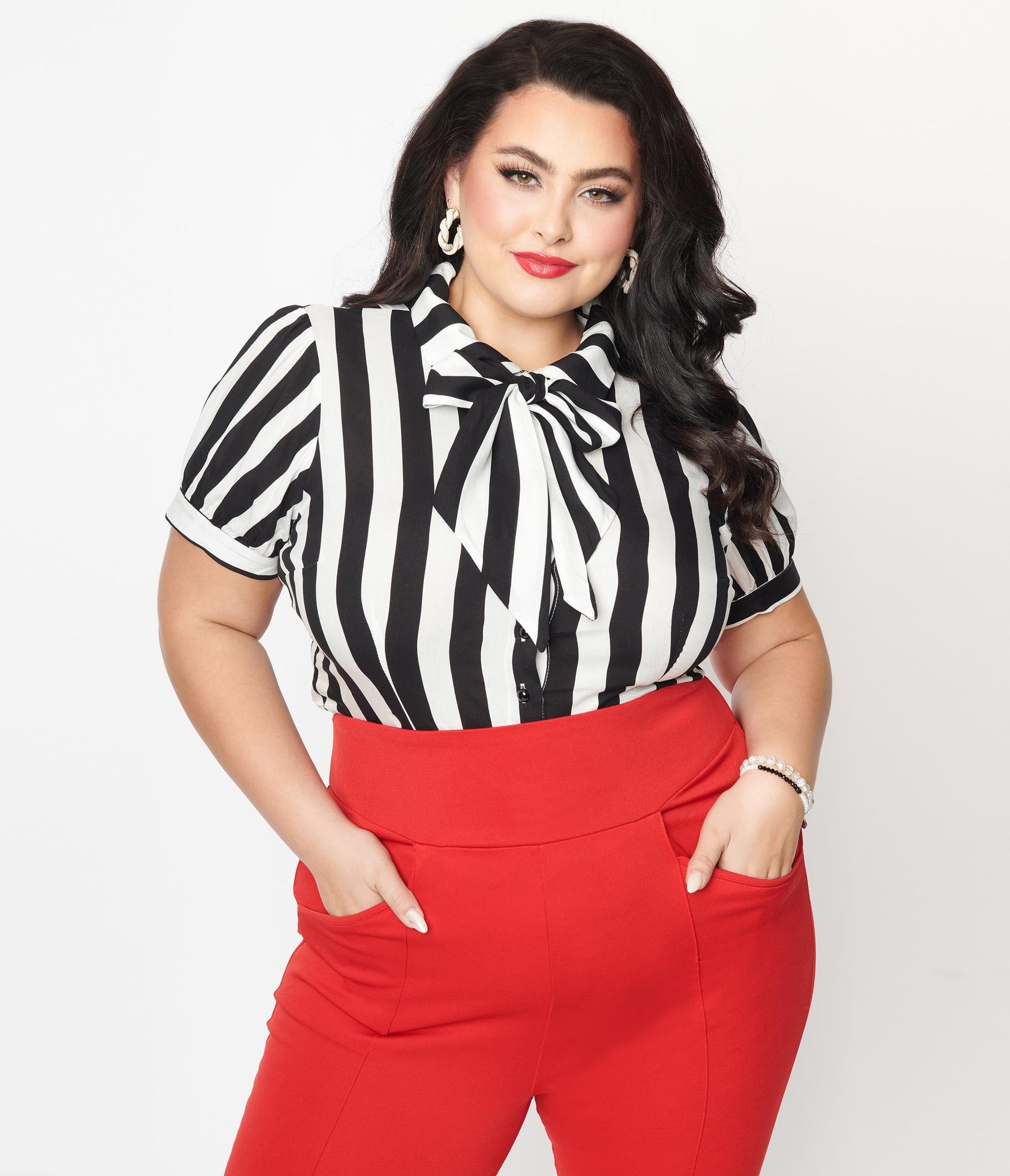 Collectif Plus Size Black & White Stripe Erika Bow Blouse