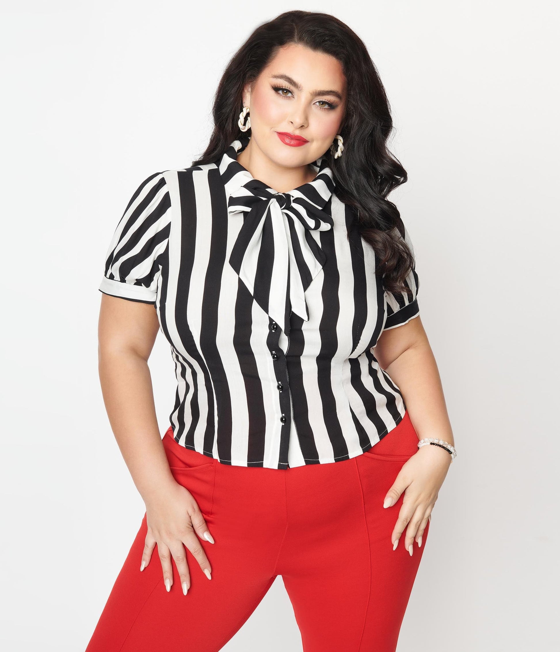 Collectif Plus Size Black & White Stripe Erika Bow Blouse