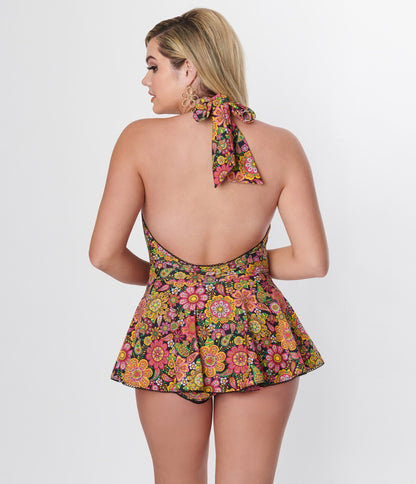 Unique Vintage Kaleidoscope Floral Skirted Wendy Swimsuit