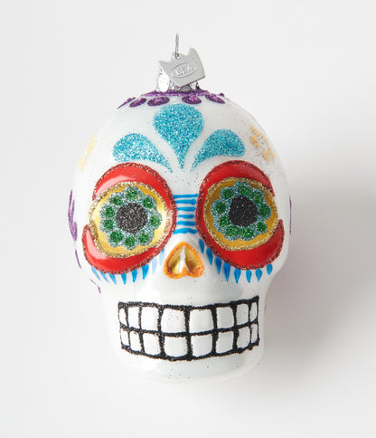 White Sugar Skull Glass Ornament