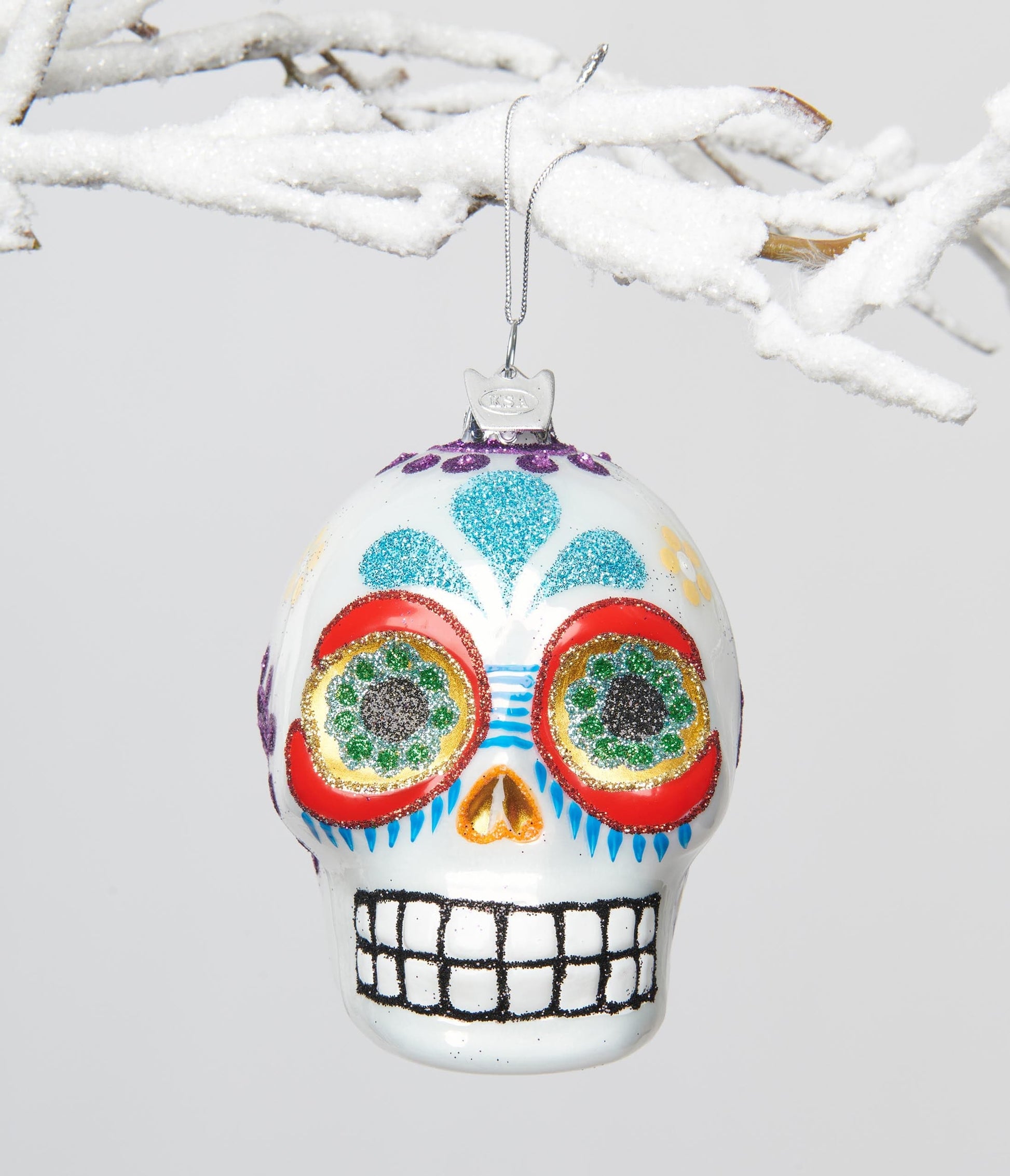 White Sugar Skull Glass Ornament