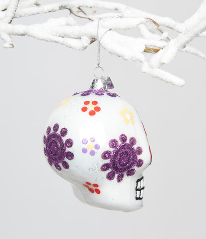 White Sugar Skull Glass Ornament