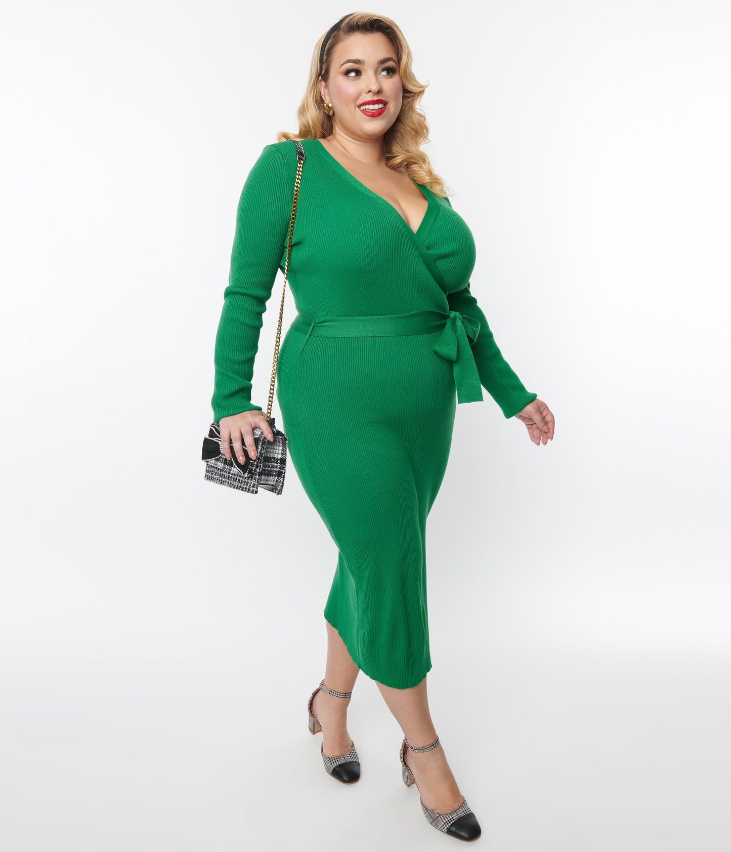 Plus Size Green Ribbed Sweater Pencil Midi Dress