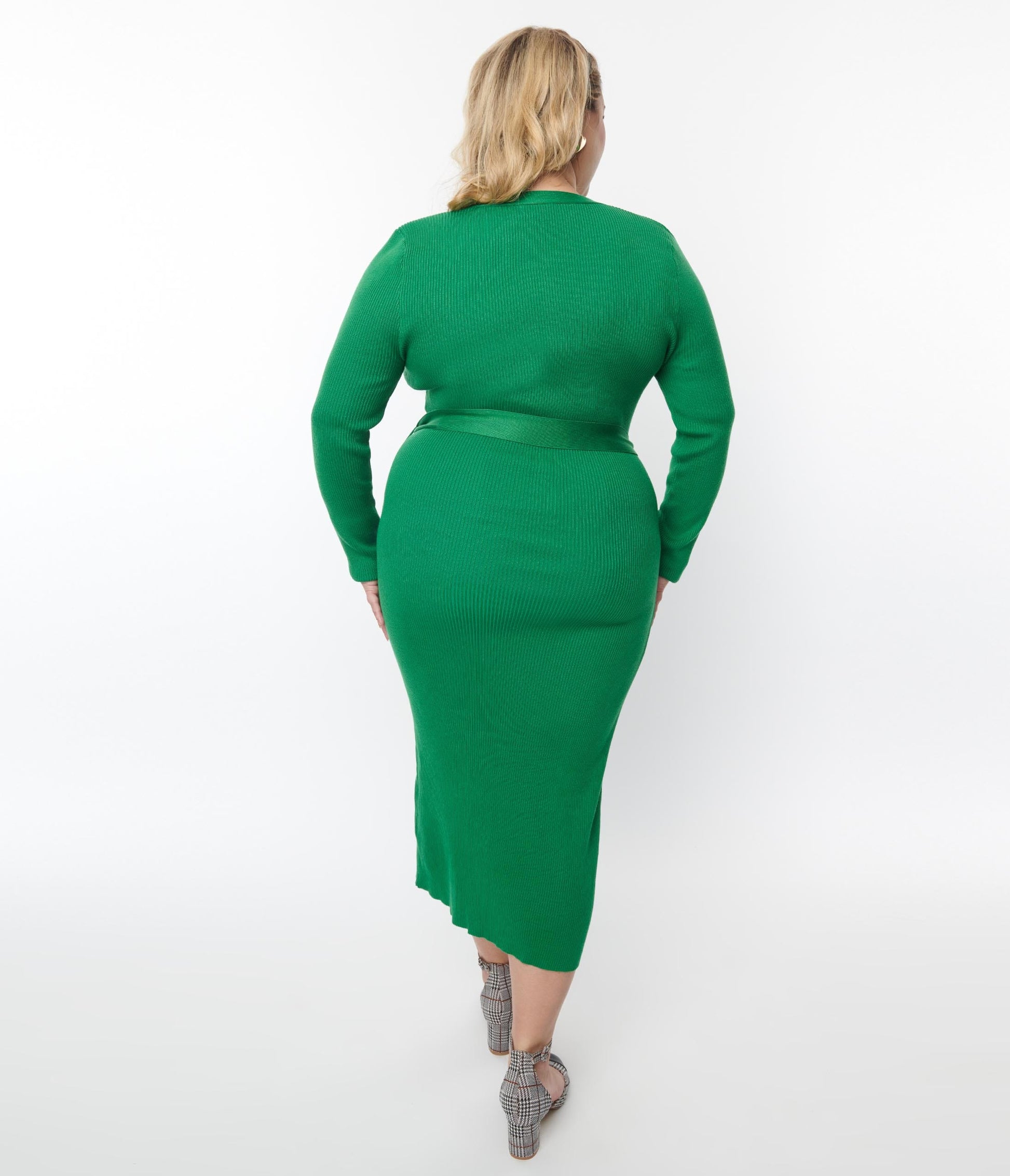 Plus Size Green Ribbed Sweater Pencil Midi Dress