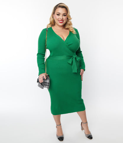 Plus Size Green Ribbed Sweater Pencil Midi Dress