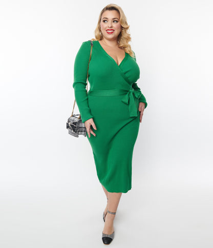Plus Size Green Ribbed Sweater Pencil Midi Dress