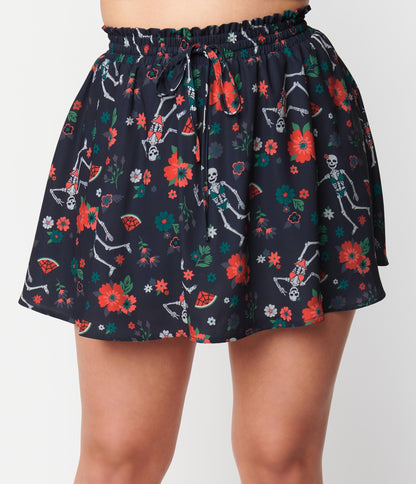 Unique Vintage Black Tropical Skeleton Daryl Skort