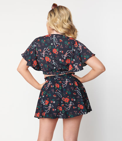 Unique Vintage Black Tropical Skeleton Daryl Skort