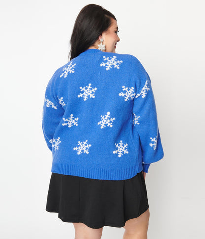 Plus Size Blue & Snowflake Open Cardigan