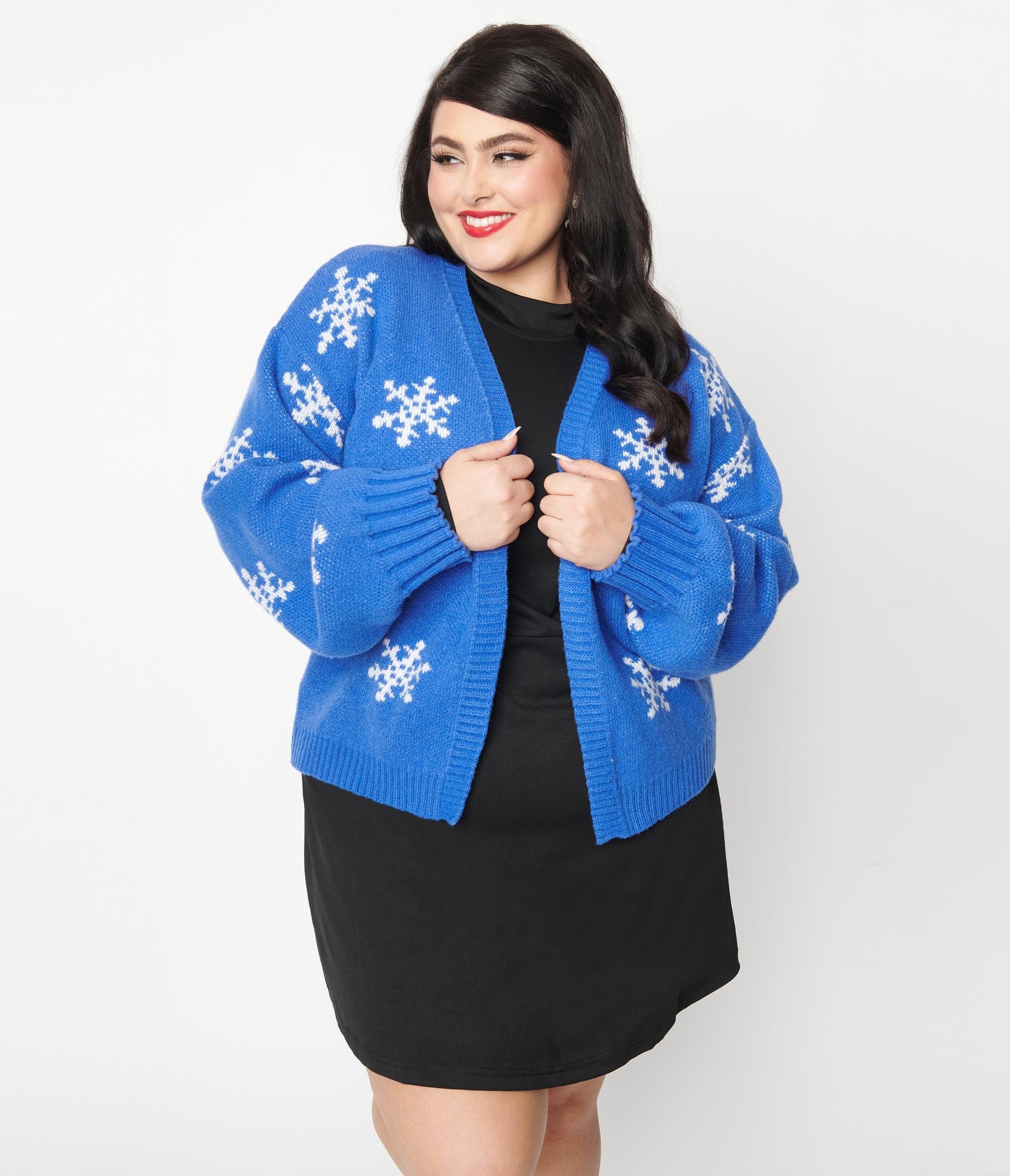 Plus Size Blue & Snowflake Open Cardigan