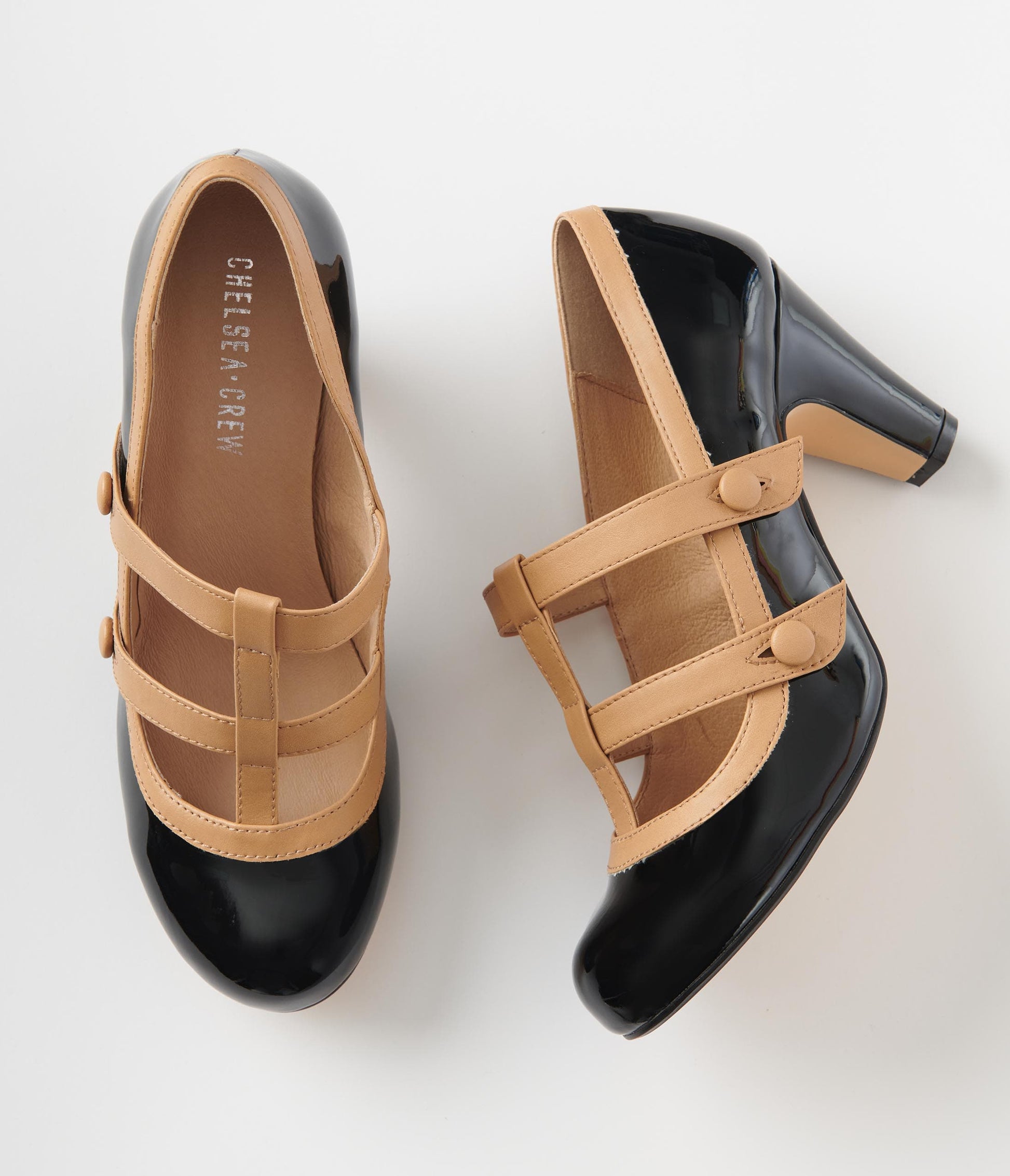 Chelsea Crew Black & Tan Leatherette Mary Jane Pumps