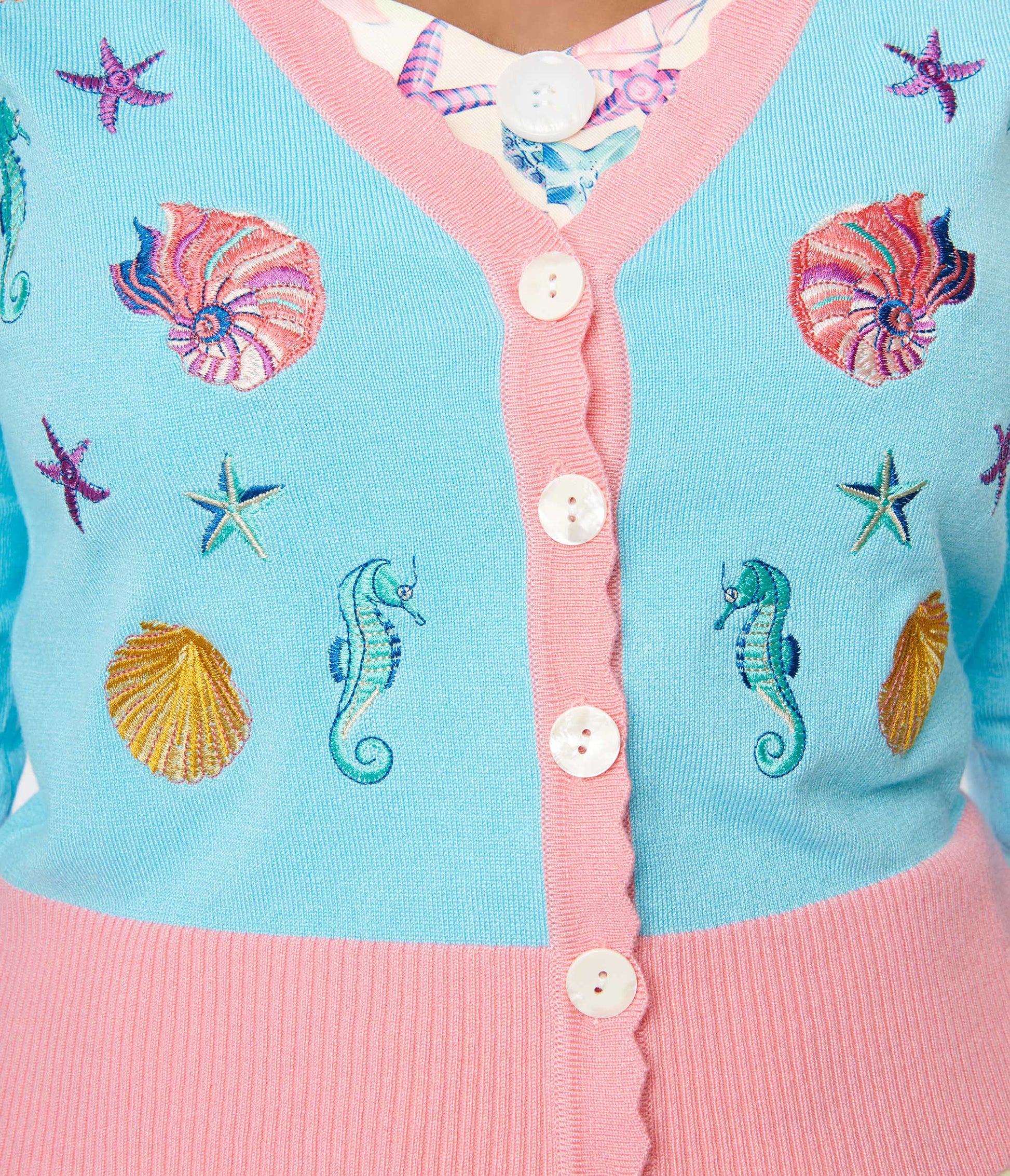 Voodoo Vixen Blue & Coral Under The Sea Embroidered Cardigan