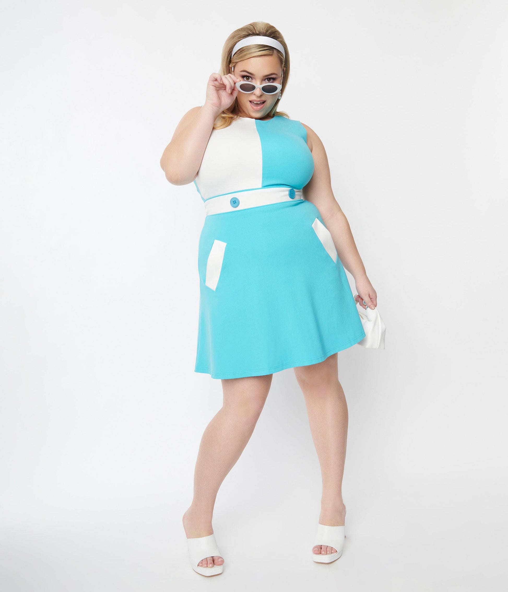 Voodoo Vixen Plus Size Aqua Blue & White Mod Colorblock Shift Dress