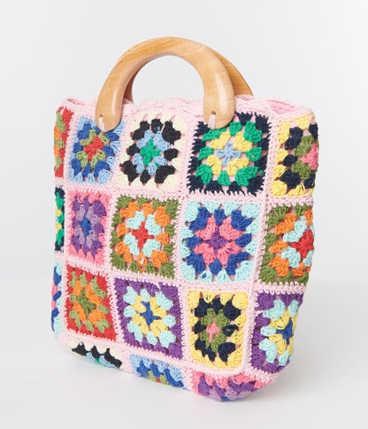 Pink Floral Crochet Patchwork Handbag