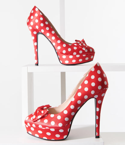 Red & White Polka Dot Bow Platform Pumps