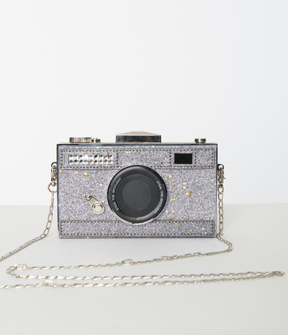 Silver Glitter Camera Strike A Pose Handbag