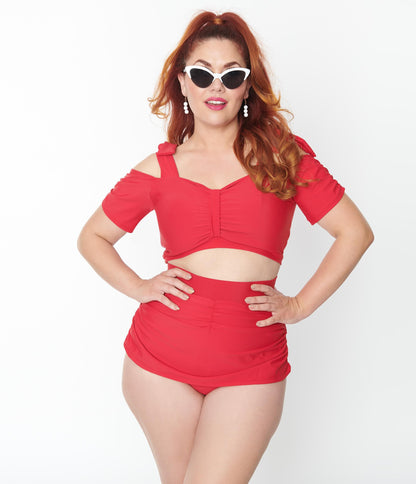 Vintage Style Plus Size Red Pin-Up High Waist Swim Skirt