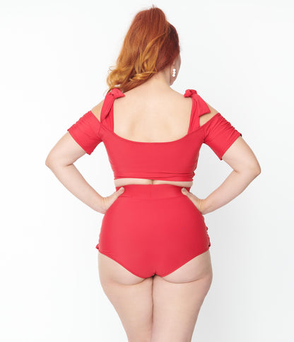 Vintage Style Plus Size Red Pin-Up High Waist Swim Skirt