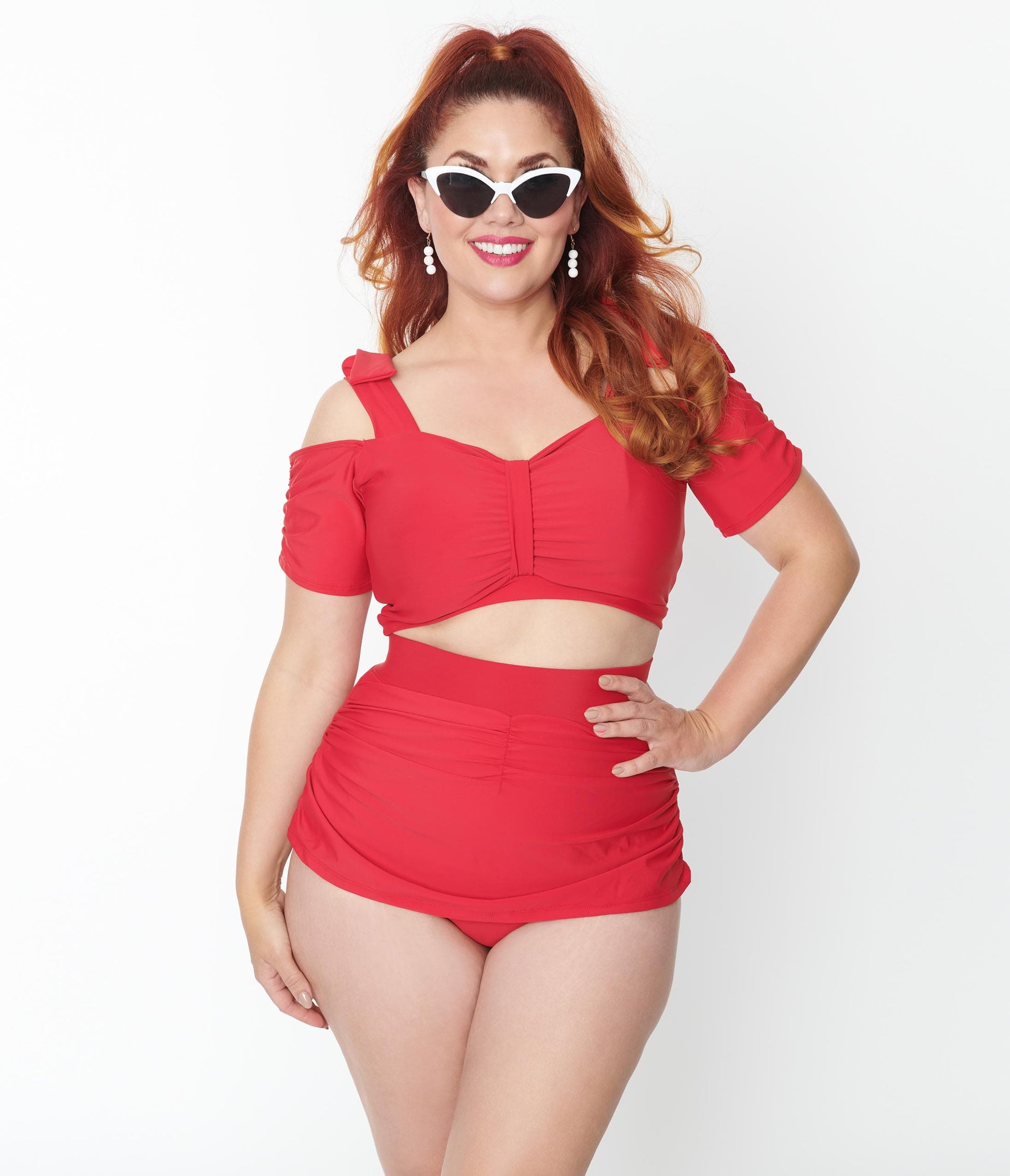 Vintage Style Plus Size Red Pin-Up High Waist Swim Skirt
