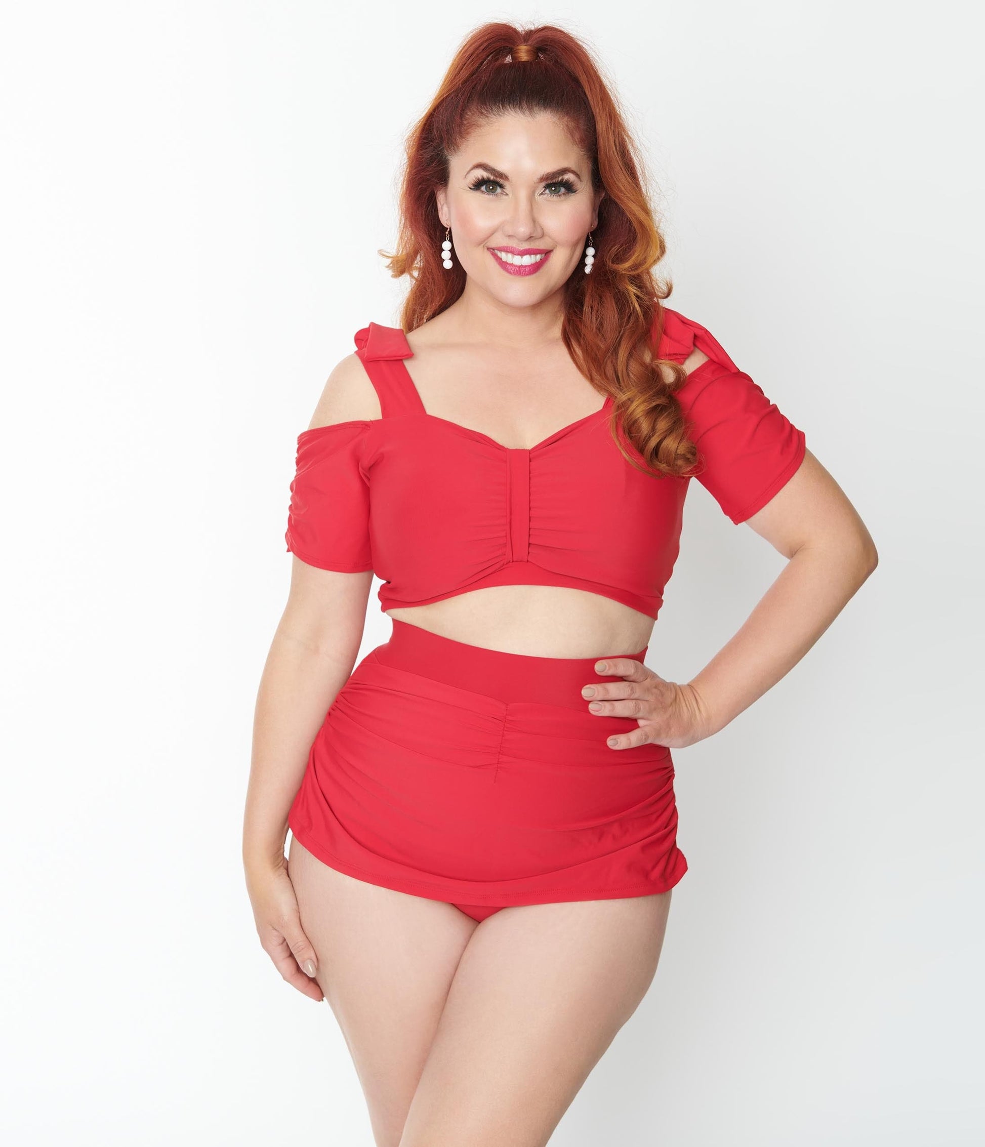Vintage Style Plus Size Red Pin-Up High Waist Swim Skirt