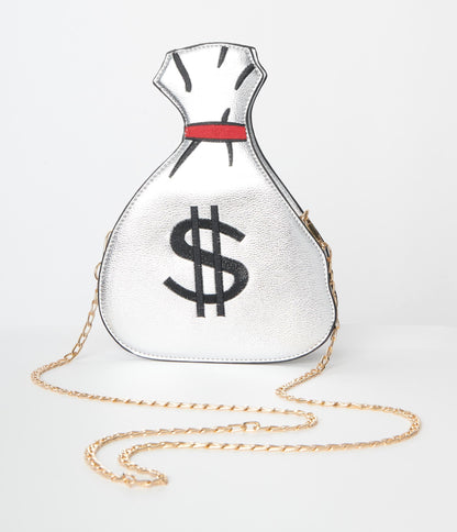 Silver Leatherette Money Sack Handbag