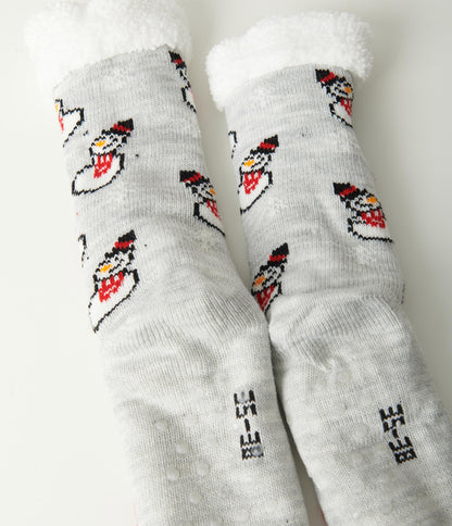 Grey Snowman Non Slip Fuzzy Socks