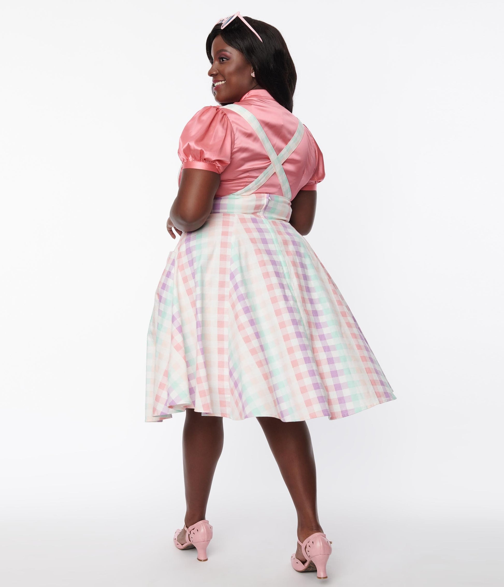 Collectif Plus Size Rainbow Gingham Suspender Swing Skirt