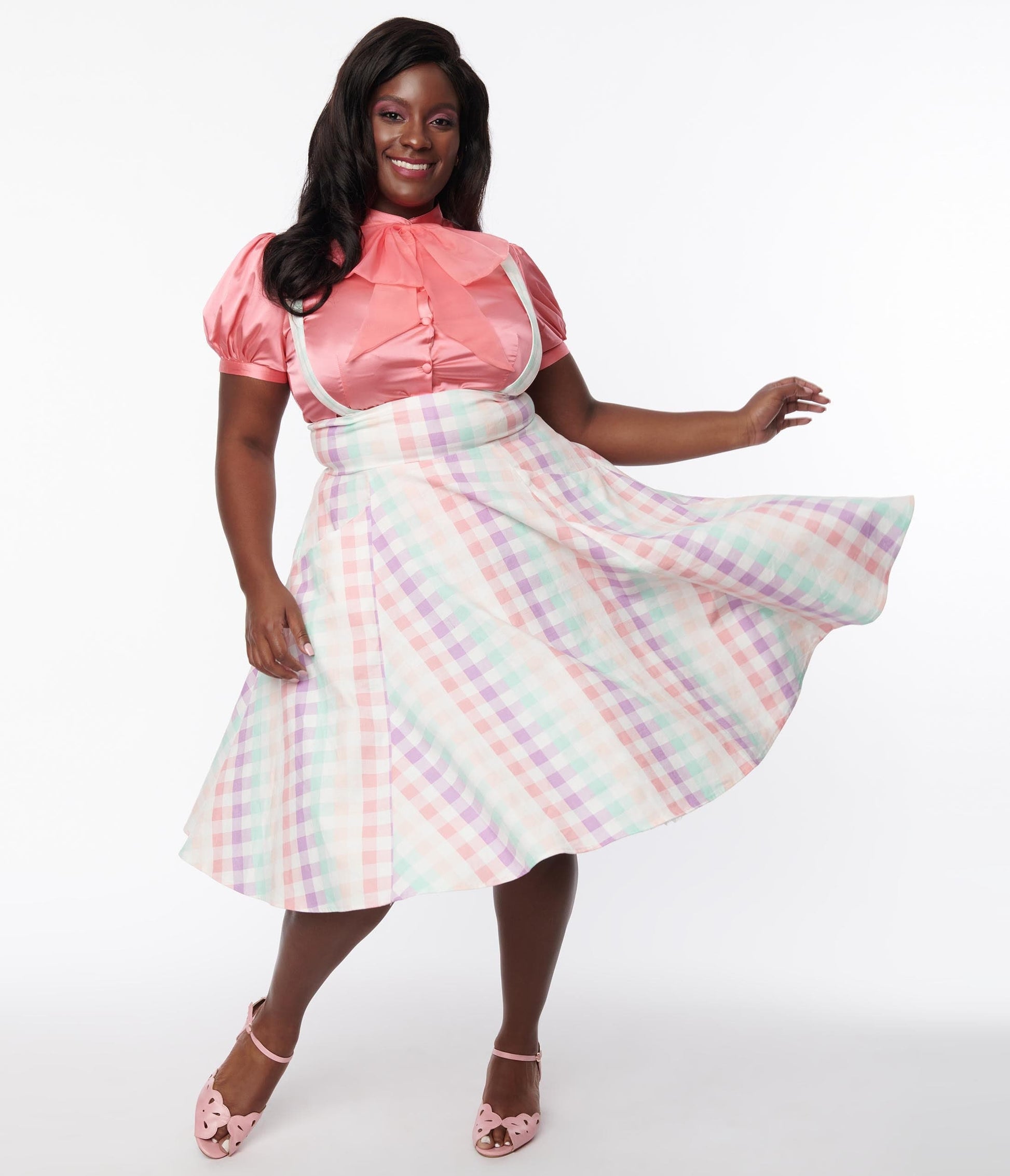 Collectif Plus Size Rainbow Gingham Suspender Swing Skirt