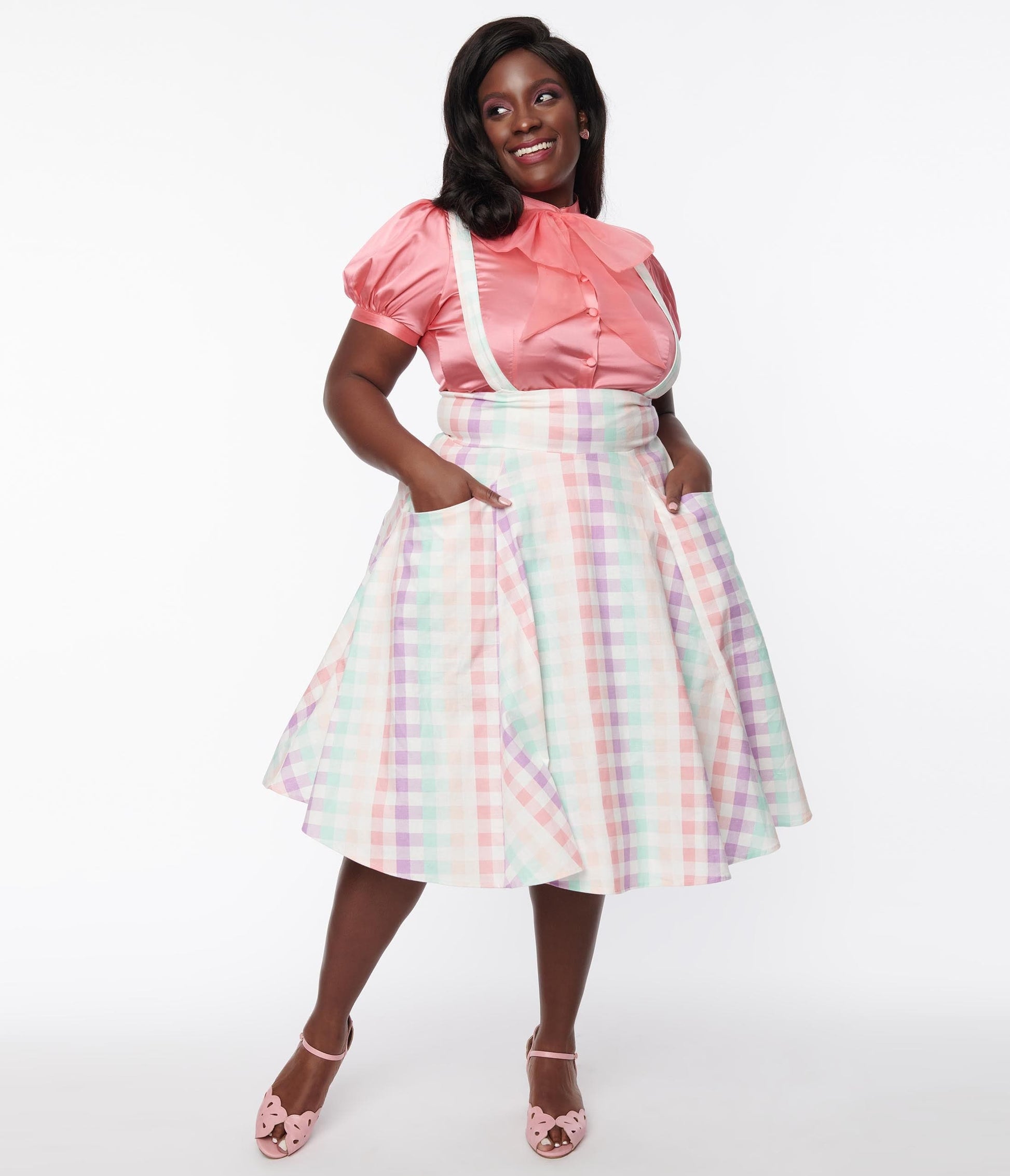 Collectif Plus Size Rainbow Gingham Suspender Swing Skirt