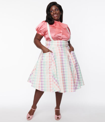 Collectif Plus Size Rainbow Gingham Suspender Swing Skirt