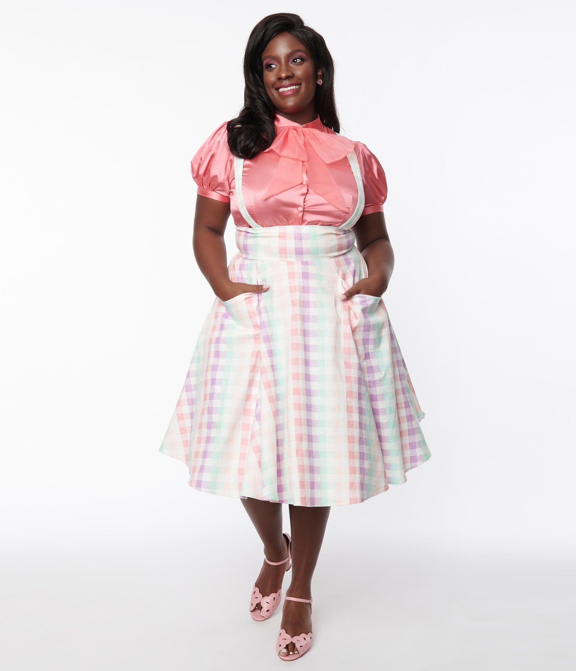 Collectif Plus Size Rainbow Gingham Suspender Swing Skirt
