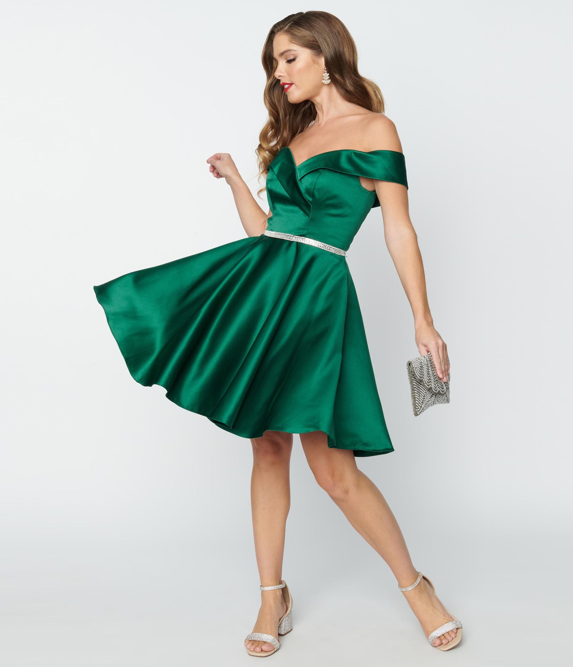 Emerald Satin Formal Flare Dress