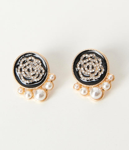 Black & Gold Round Pearl Earrings