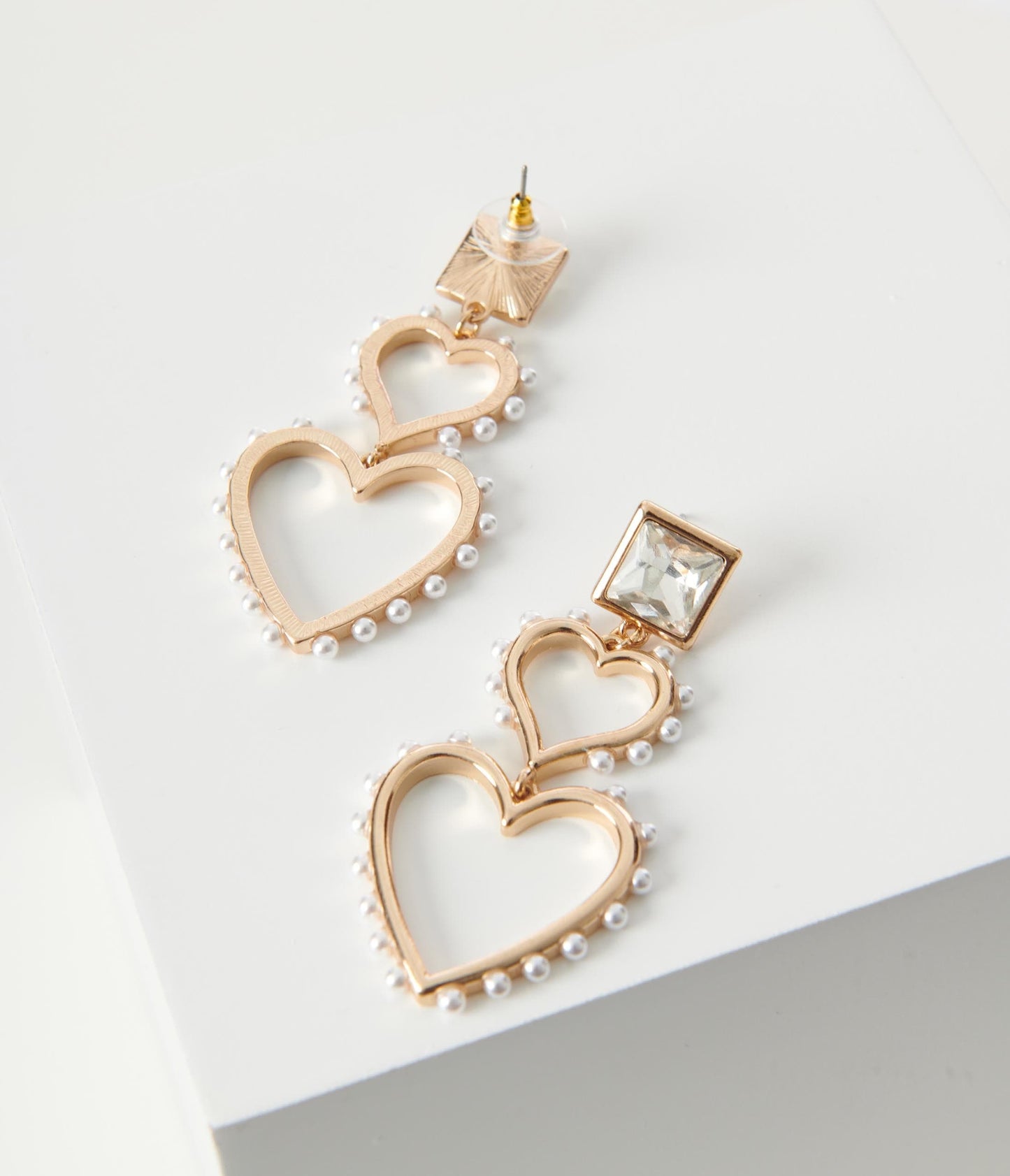 Gold Double Heart Crystal Earrings