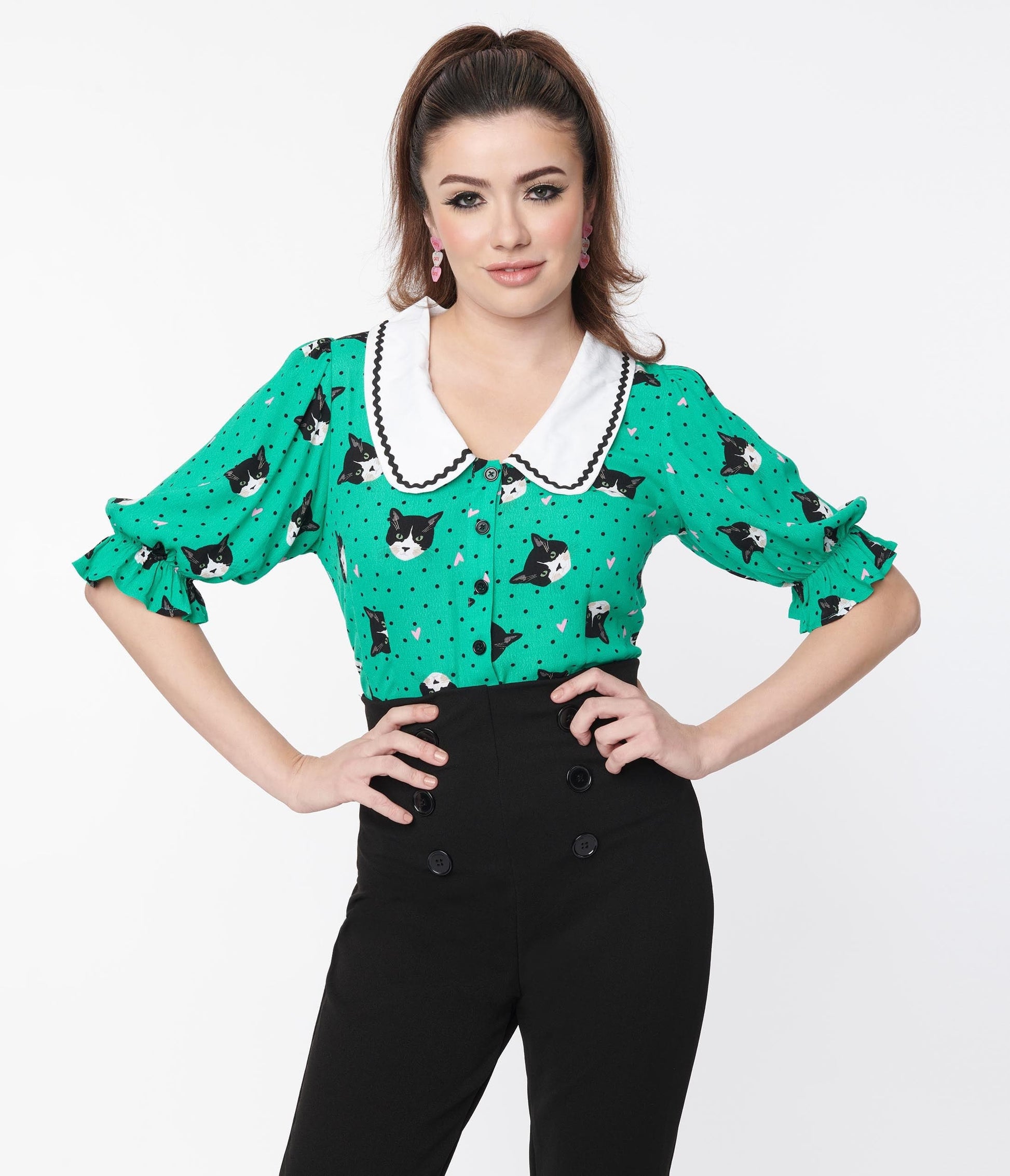 Green Pin Dot Love Cats Blouse
