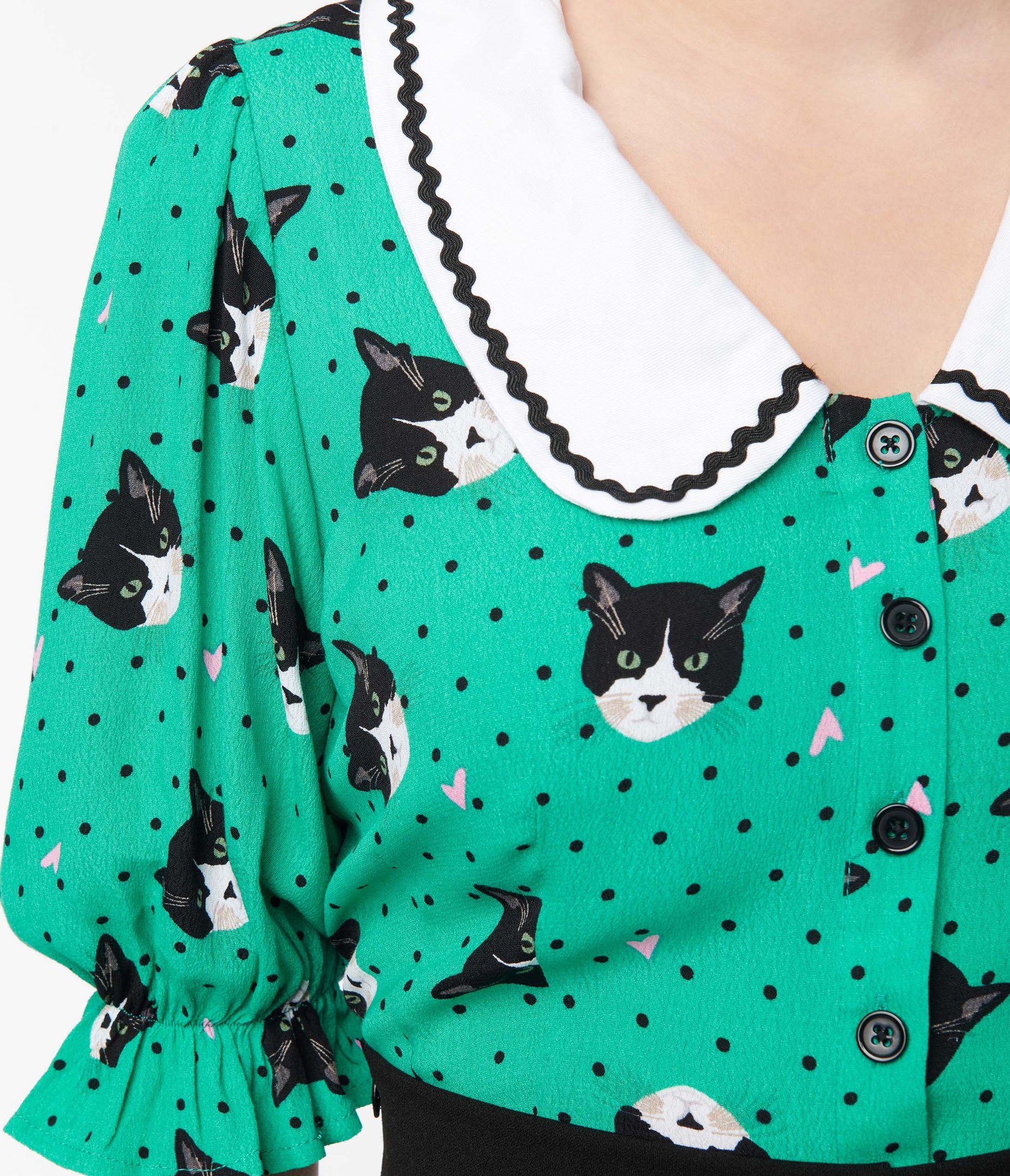 Green Pin Dot Love Cats Blouse