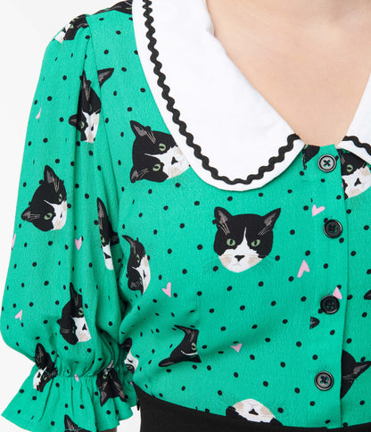 Green Pin Dot Love Cats Blouse