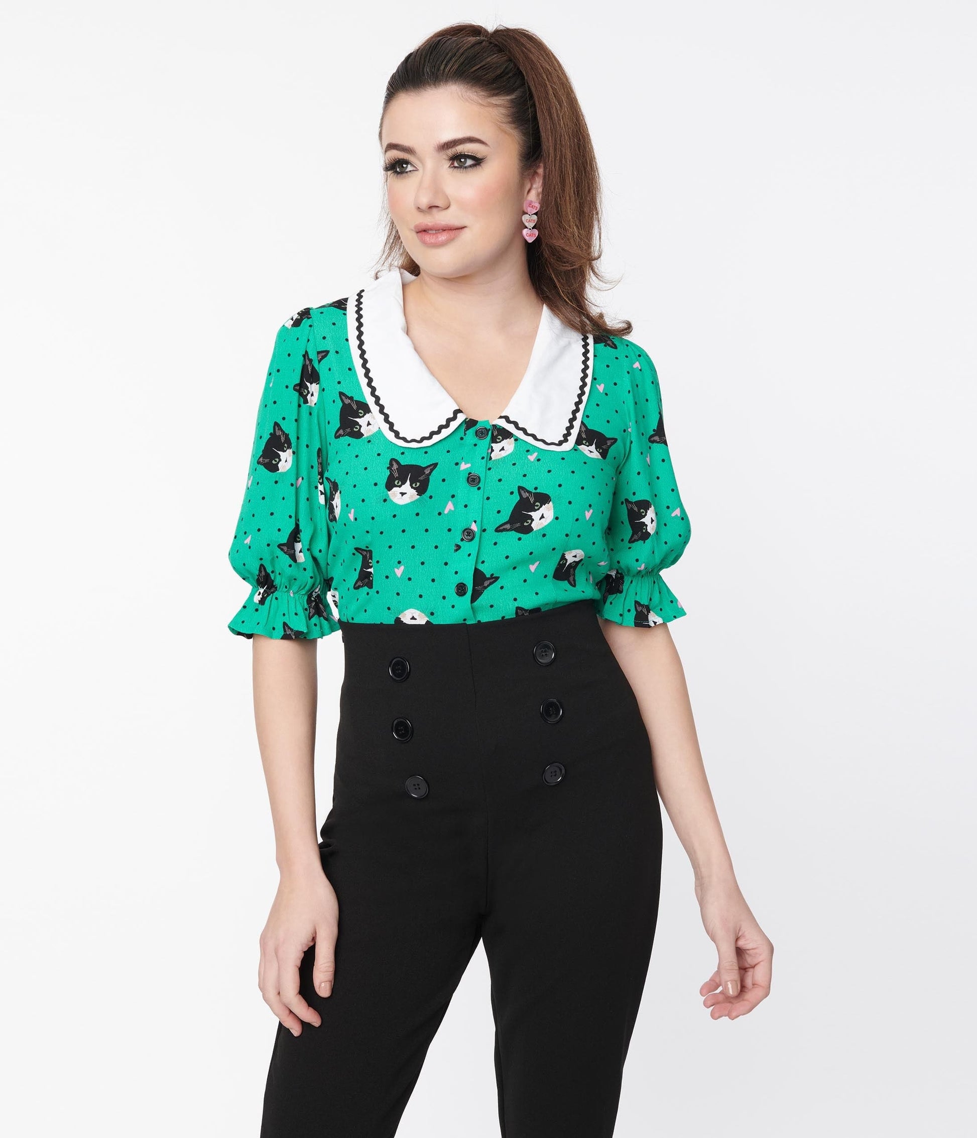 Green Pin Dot Love Cats Blouse