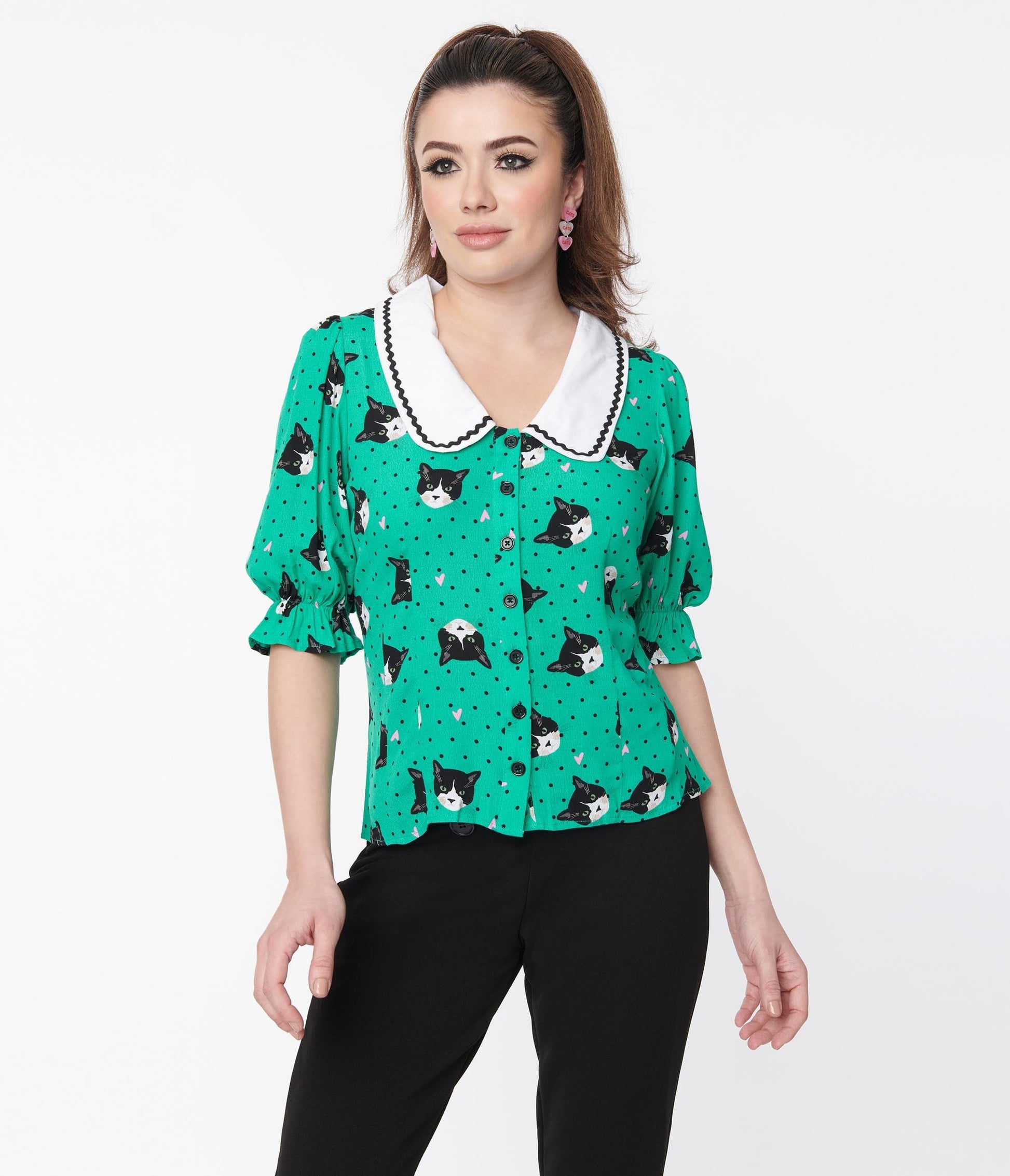 Green Pin Dot Love Cats Blouse